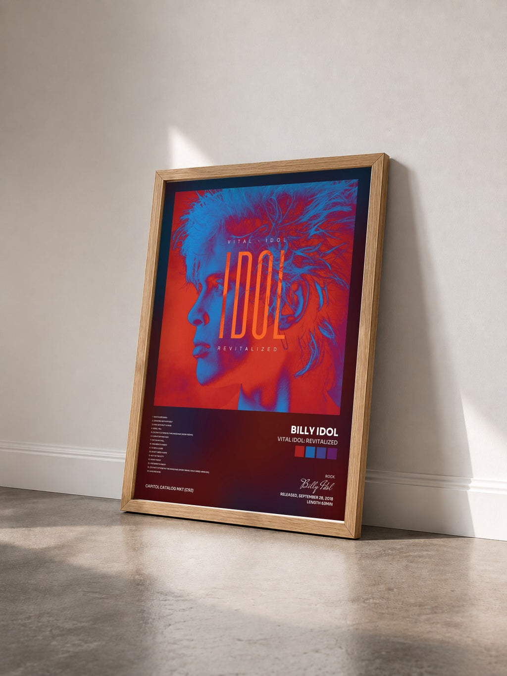 #bois Tableau de l'album Vital Idol: Revitalized de Billy Idol vu de trois quarts, cadre en bois brut