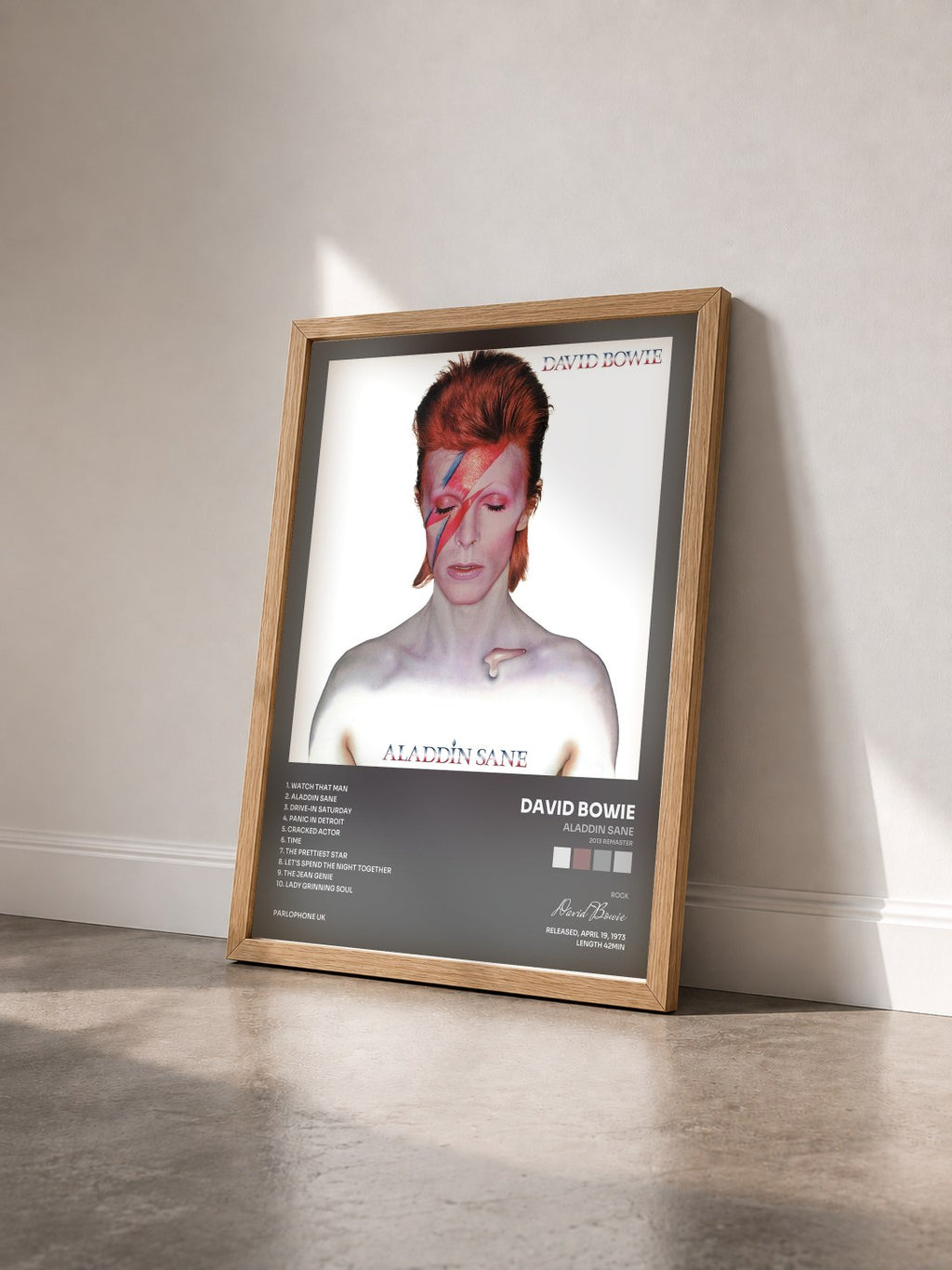 #bois Tableau de l'album Aladdin Sane (2013 Remaster) de David Bowie vu de trois quarts, cadre en bois brut