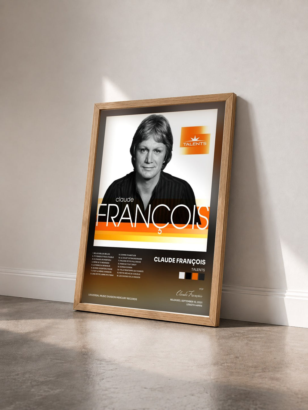 #bois Tableau de l'album Talents de Claude François vu de trois quarts, cadre en bois brut