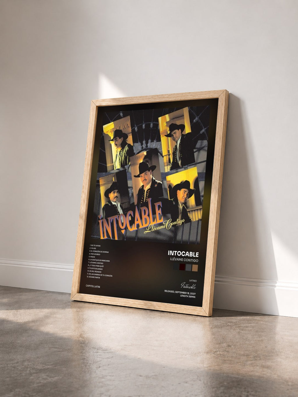 #bois Tableau de l'album Llévame Contigo de Intocable vu de trois quarts, cadre en bois brut