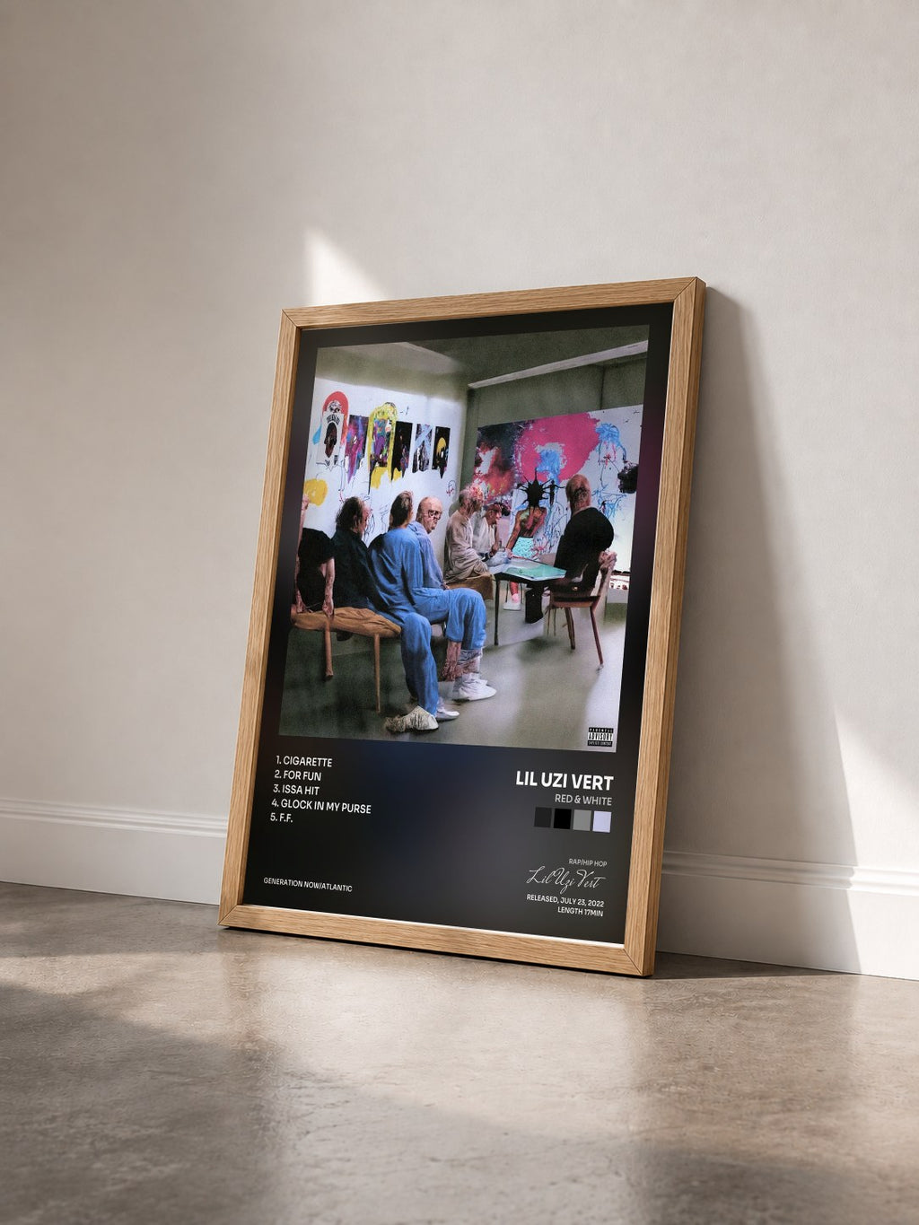 #bois Tableau de l'album RED & WHITE de Lil Uzi Vert vu de trois quarts, cadre en bois brut