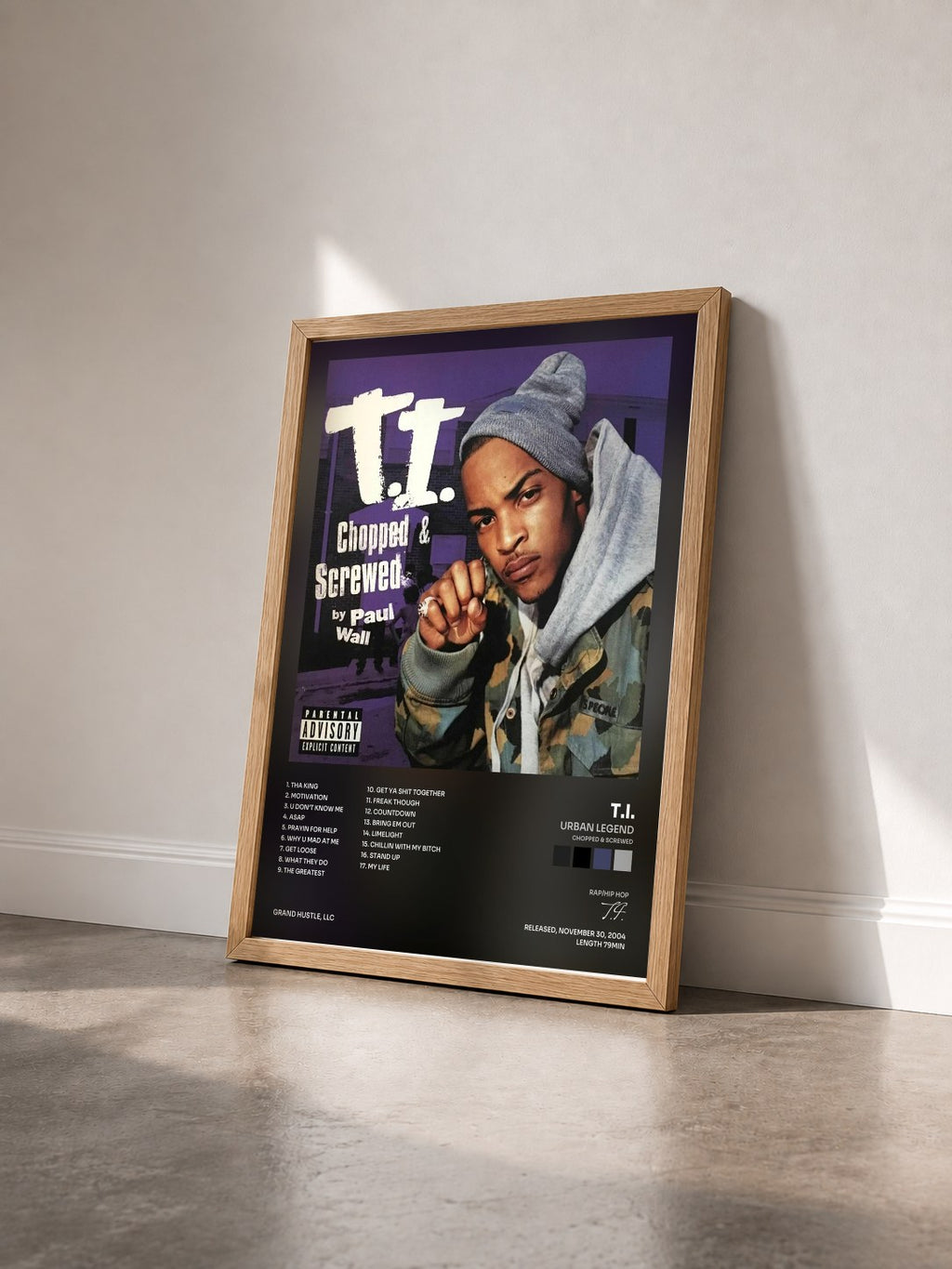 #bois Tableau de l'album Urban Legend (Chopped & Screwed) de T.I. vu de trois quarts, cadre en bois brut