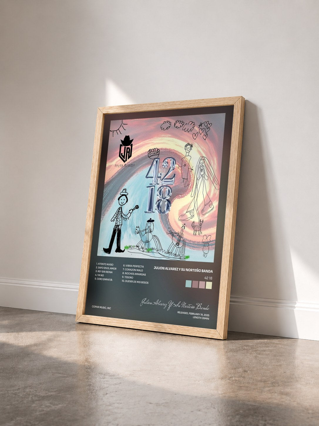 #bois Tableau de l'album 42 18 de Julion Alvarez Y Su Norteño Banda vu de trois quarts, cadre en bois brut