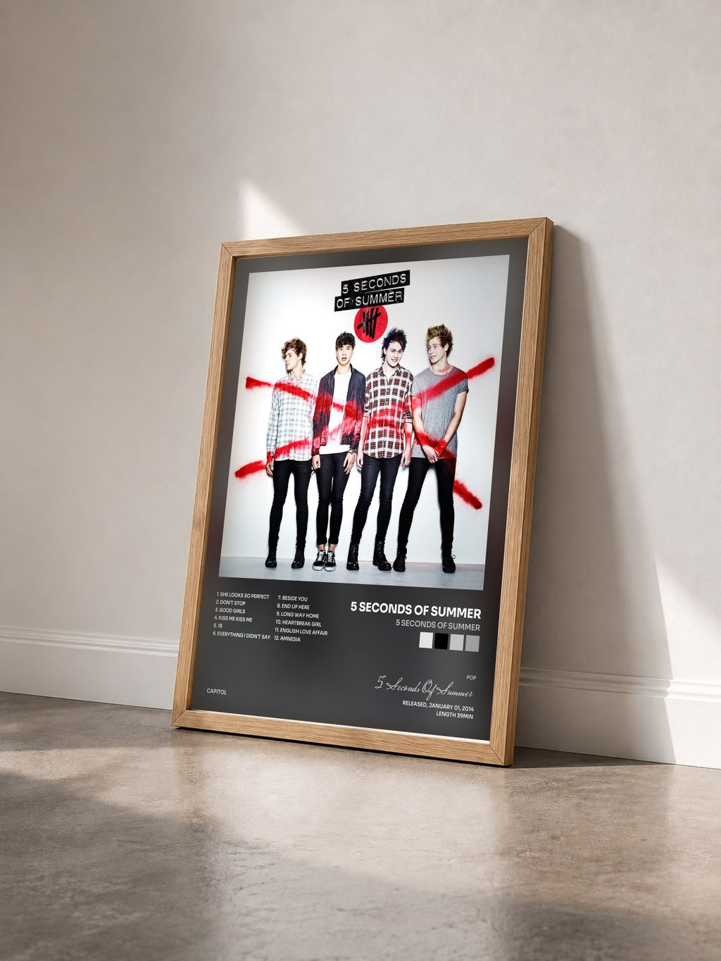 #bois Tableau de l'album 5 Seconds Of Summer de 5 Seconds Of Summer vu de trois quarts, cadre en bois brut
