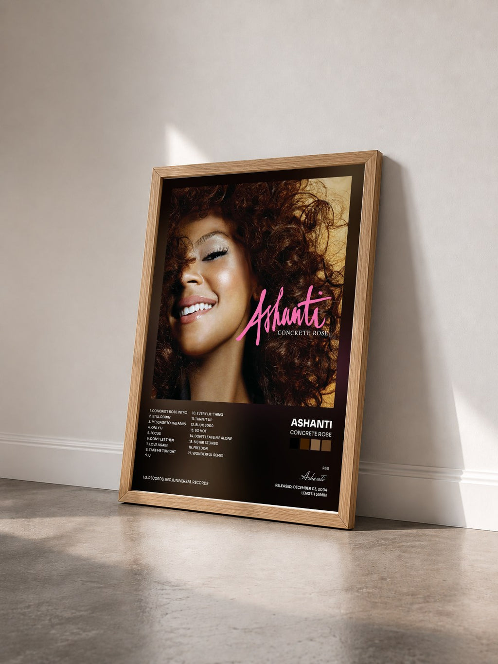 #bois Tableau de l'album Concrete Rose de Ashanti vu de trois quarts, cadre en bois brut