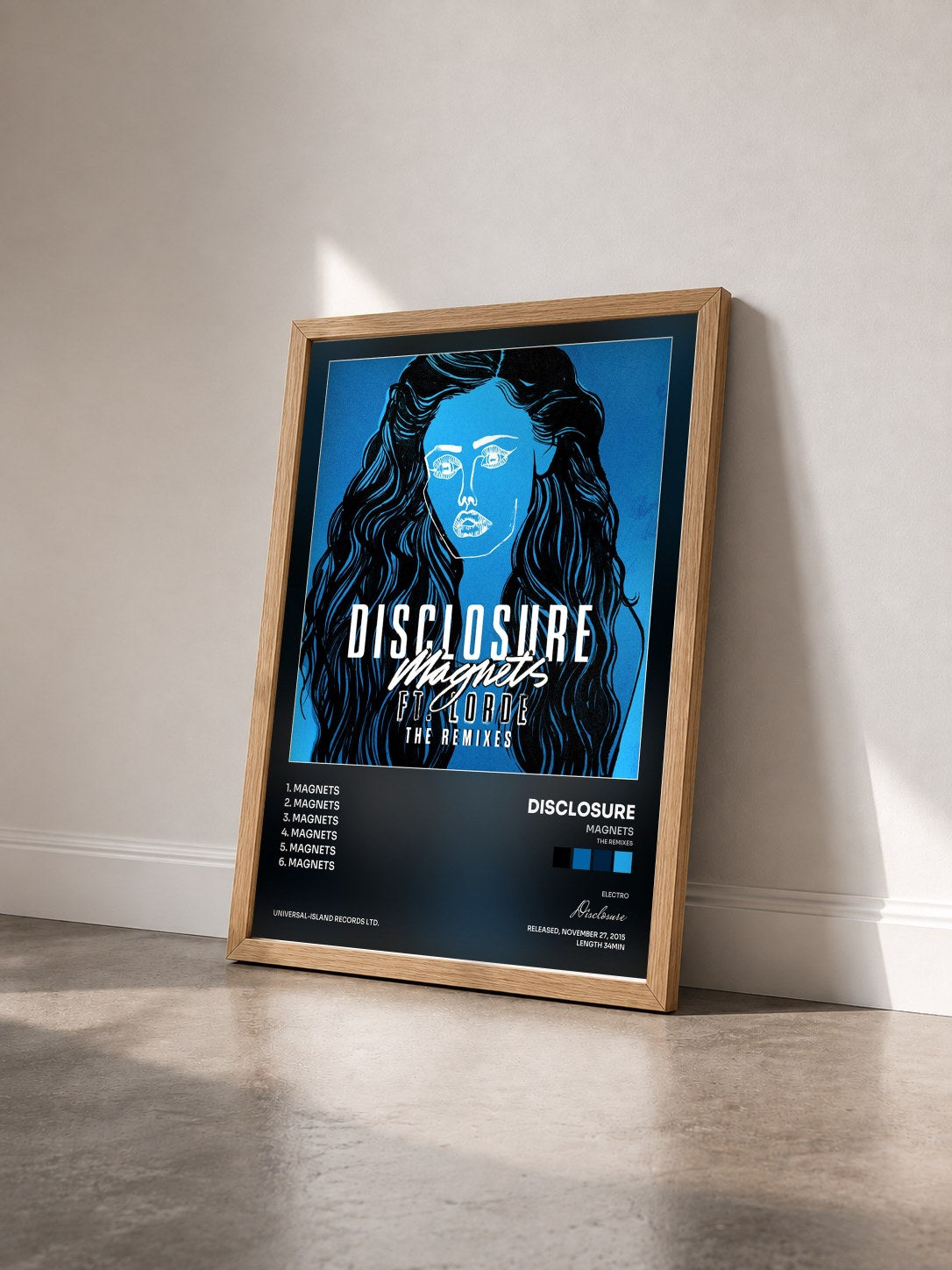 #bois Tableau de l'album Magnets (The Remixes) de Disclosure vu de trois quarts, cadre en bois brut