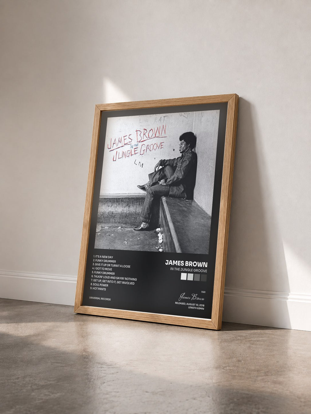 #bois Tableau de l'album In The Jungle Groove de James Brown vu de trois quarts, cadre en bois brut