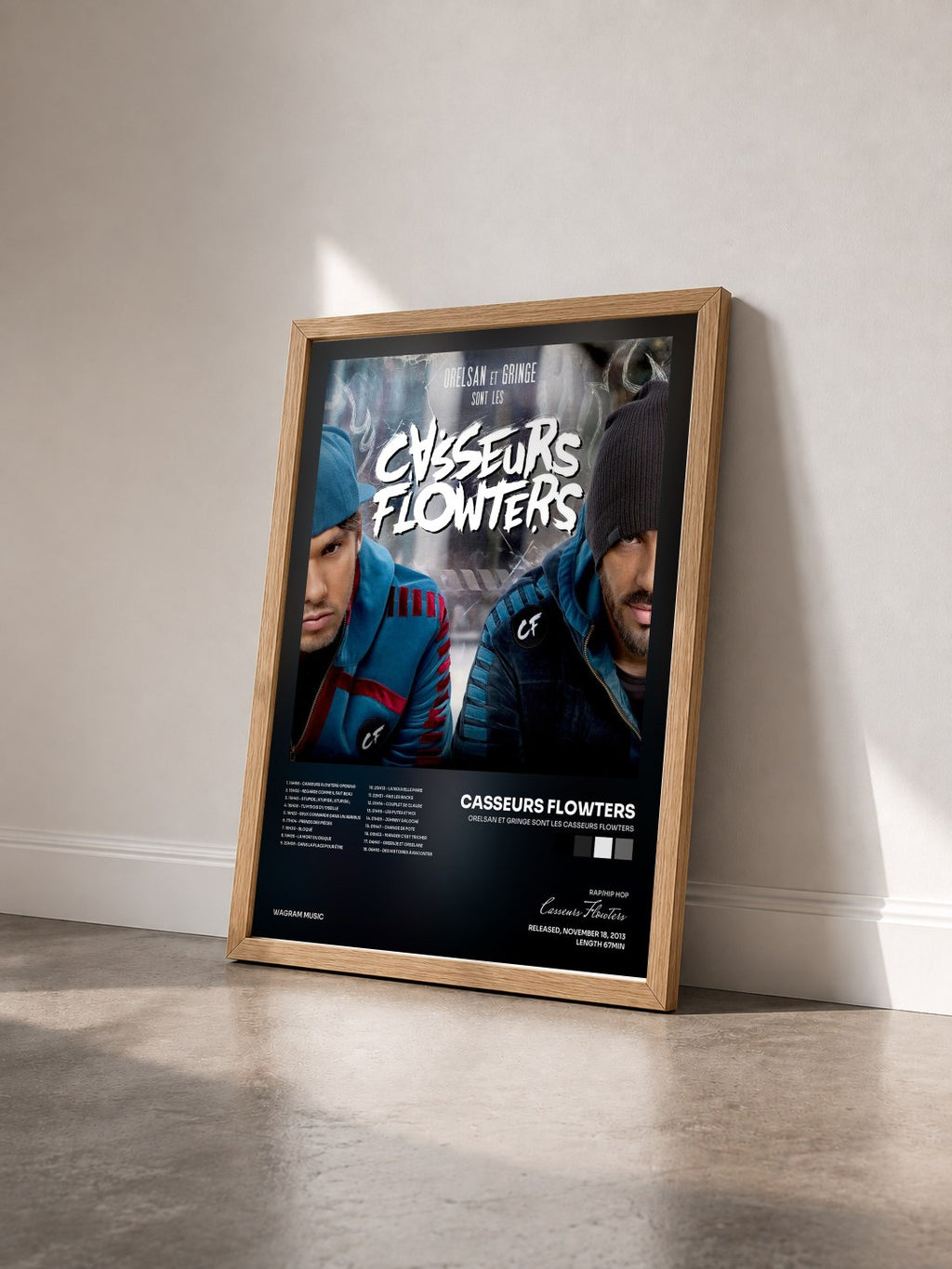 #bois Tableau de l'album Orelsan et Gringe sont les Casseurs Flowters de Casseurs Flowters vu de trois quarts, cadre en bois brut