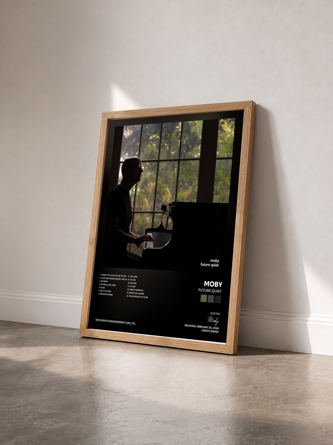 #bois Tableau de l'album Future Quiet de Moby vu de trois quarts, cadre en bois brut