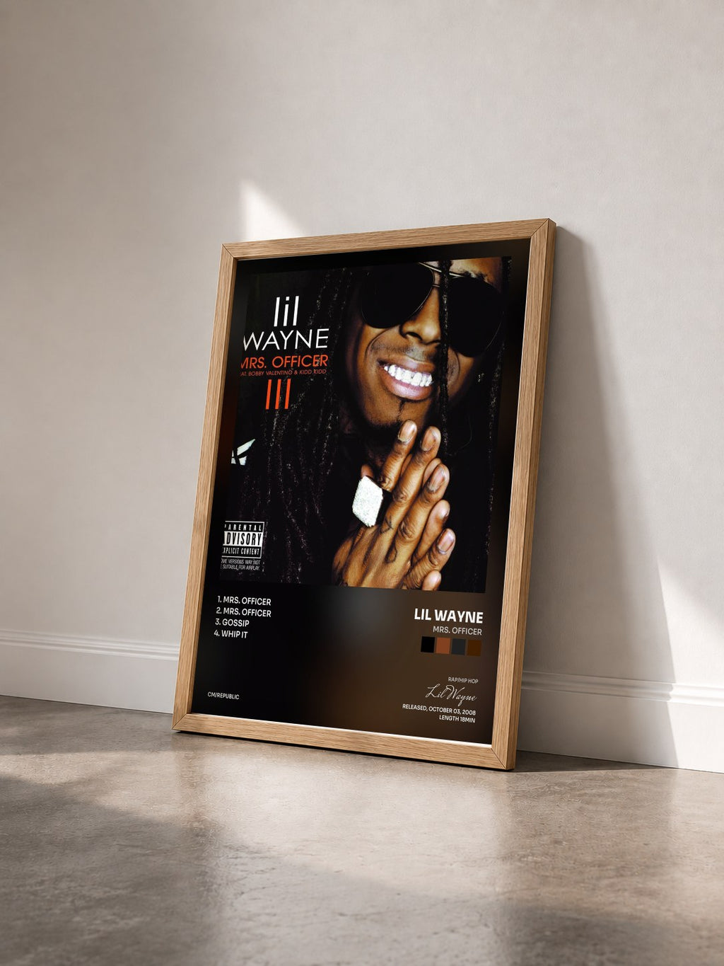 #bois Tableau de l'album Mrs. Officer de Lil Wayne vu de trois quarts, cadre en bois brut