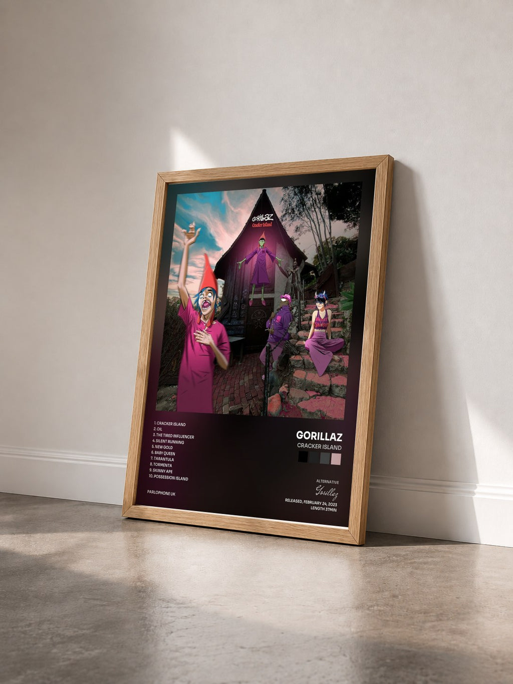 #bois Tableau de l'album Cracker Island de Gorillaz vu de trois quarts, cadre en bois brut
