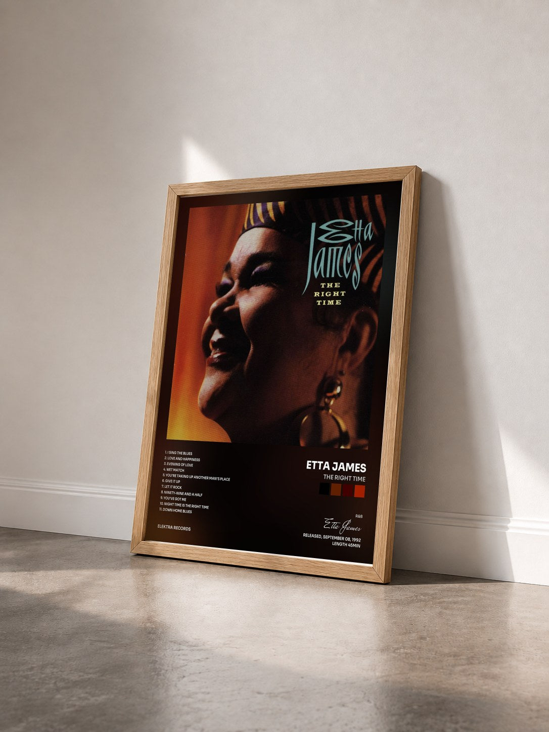 #bois Tableau de l'album The Right Time de Etta James vu de trois quarts, cadre en bois brut