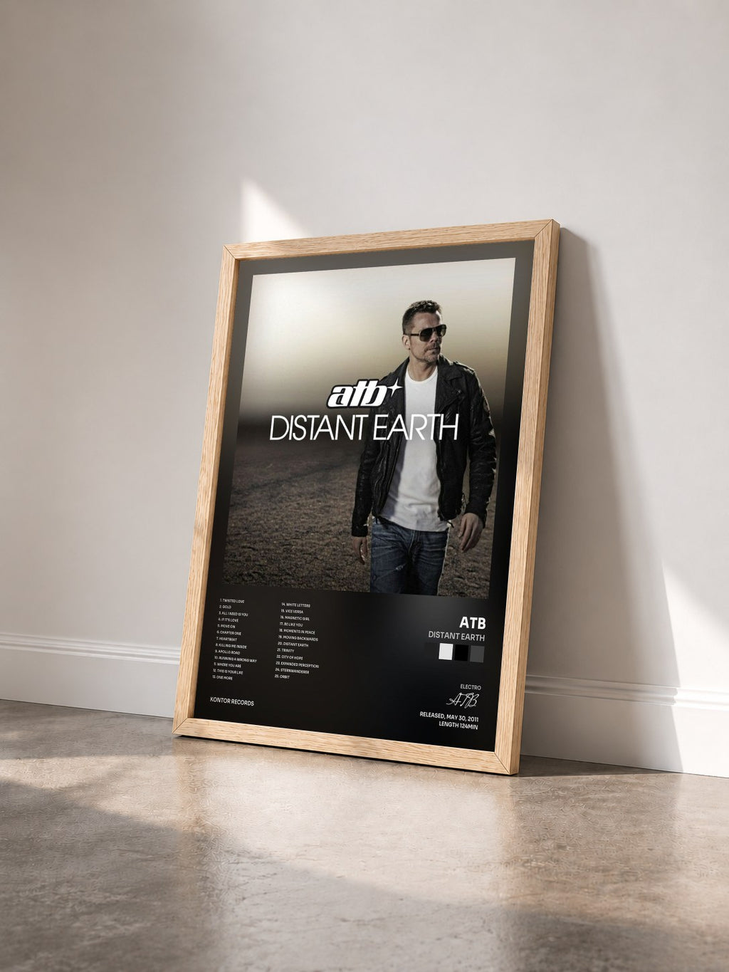 #bois Tableau de l'album Distant Earth de ATB vu de trois quarts, cadre en bois brut
