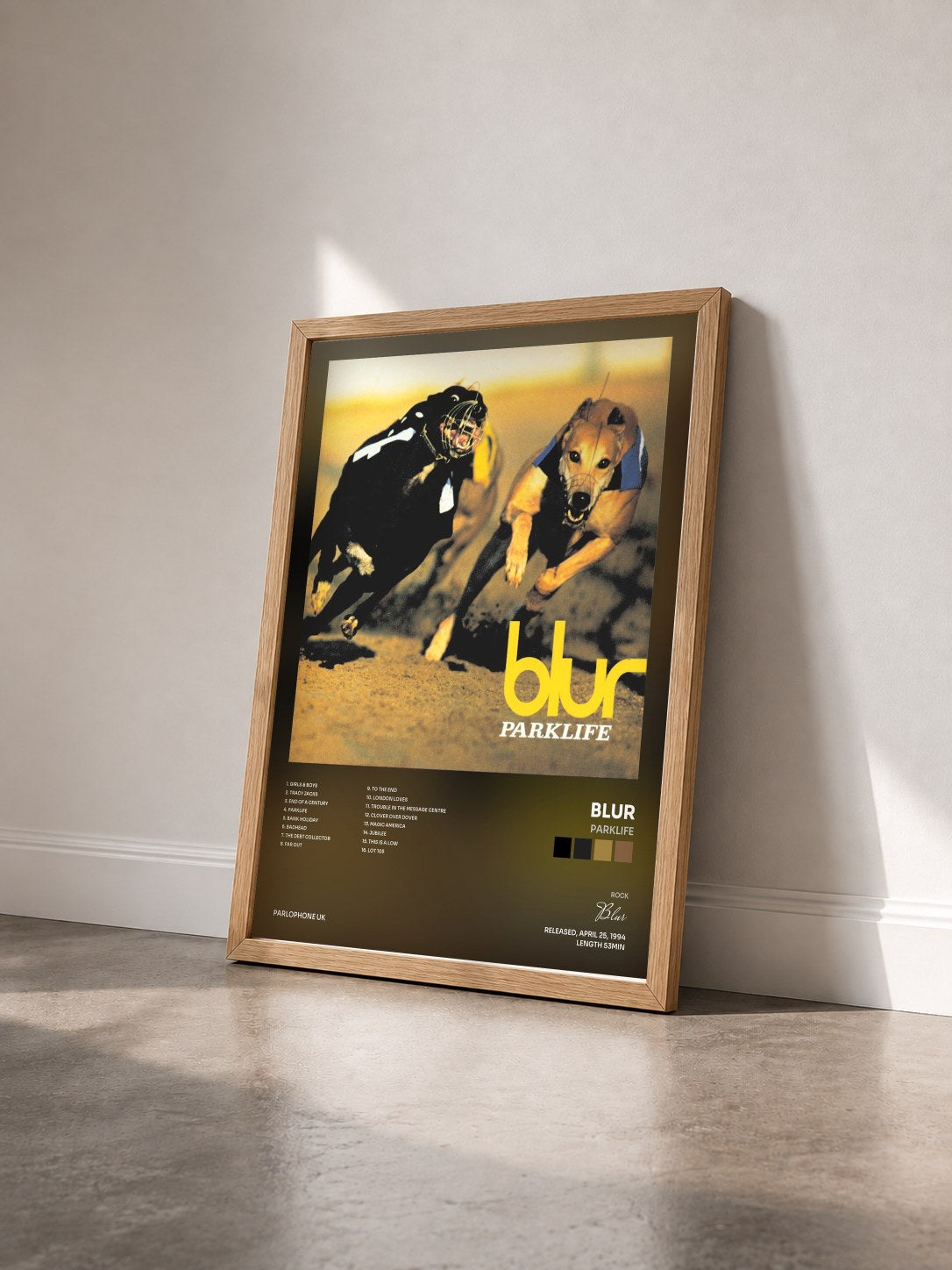 #bois Tableau de l'album Parklife de Blur vu de trois quarts, cadre en bois brut