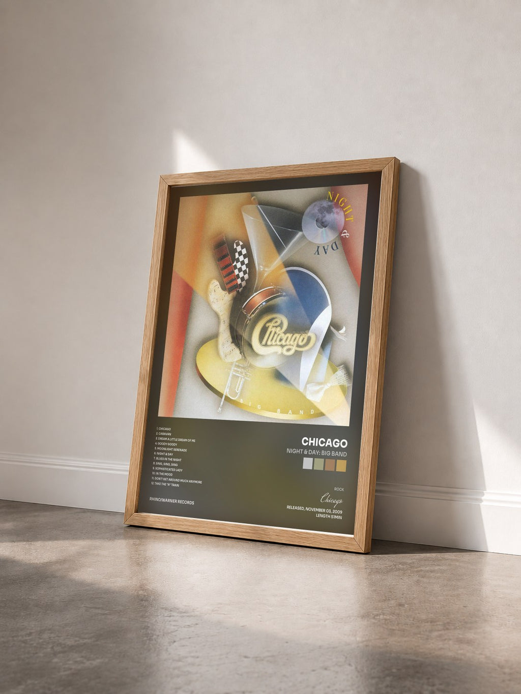 #bois Tableau de l'album Night & Day: Big Band de Chicago vu de trois quarts, cadre en bois brut