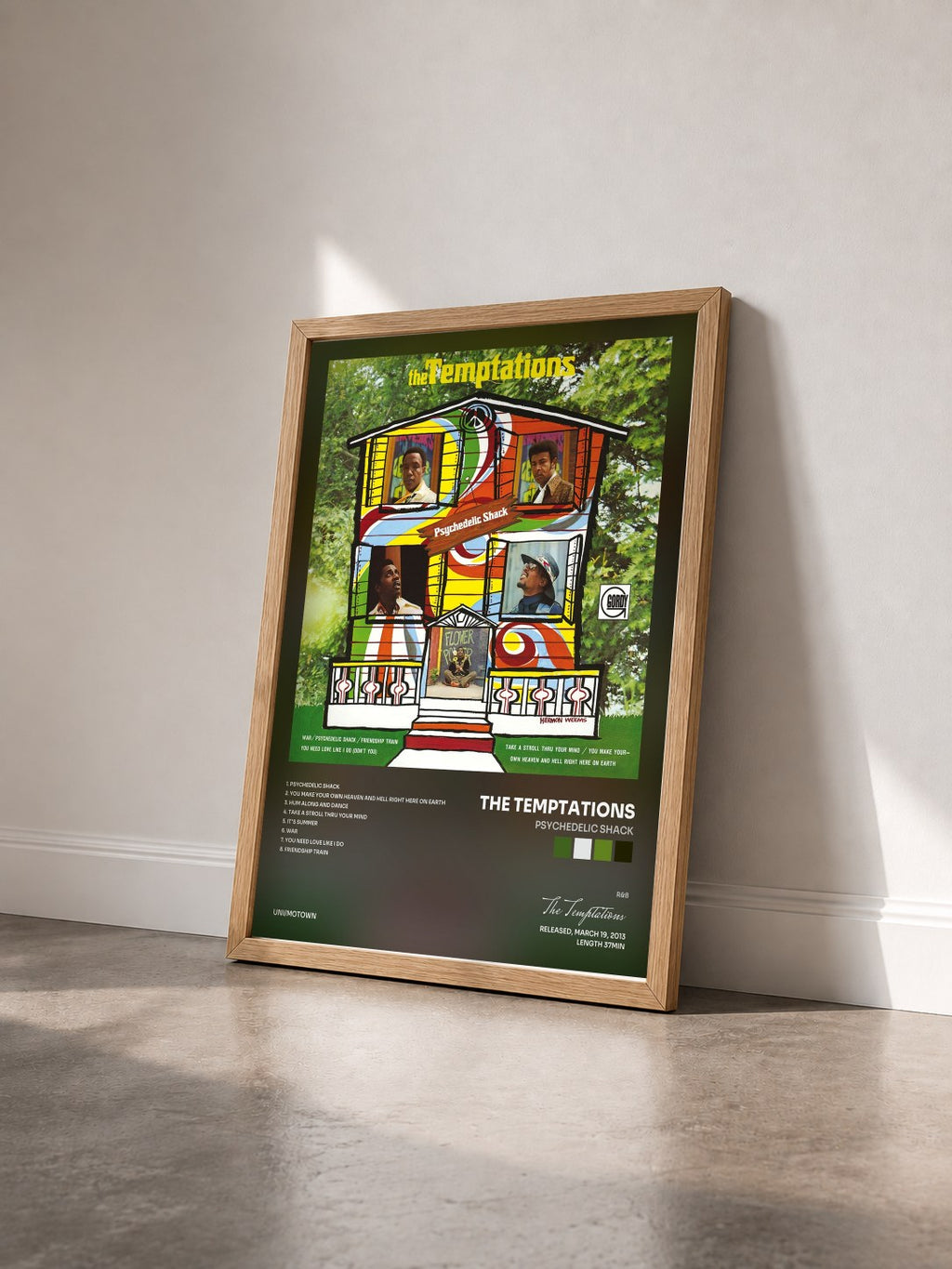 #bois Tableau de l'album Psychedelic Shack de The Temptations vu de trois quarts, cadre en bois brut