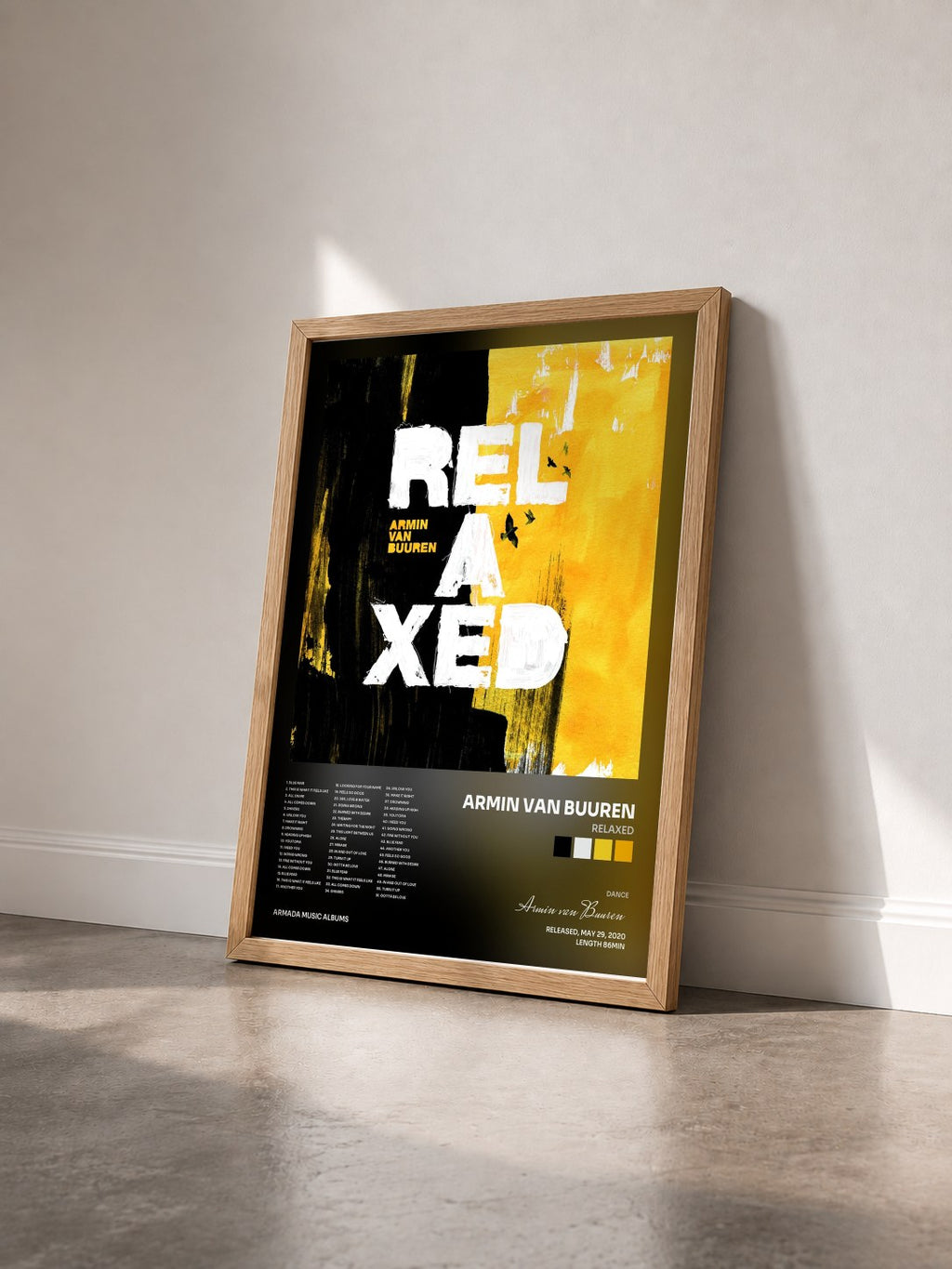 #bois Tableau de l'album RELAXED de Armin van Buuren vu de trois quarts, cadre en bois brut