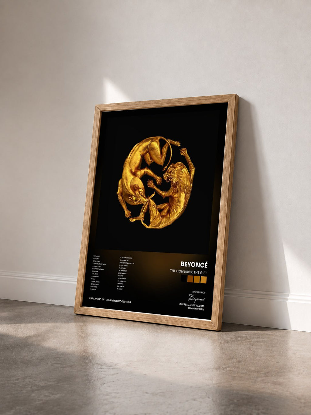 #bois Tableau de l'album The Lion King: The Gift de Beyoncé vu de trois quarts, cadre en bois brut