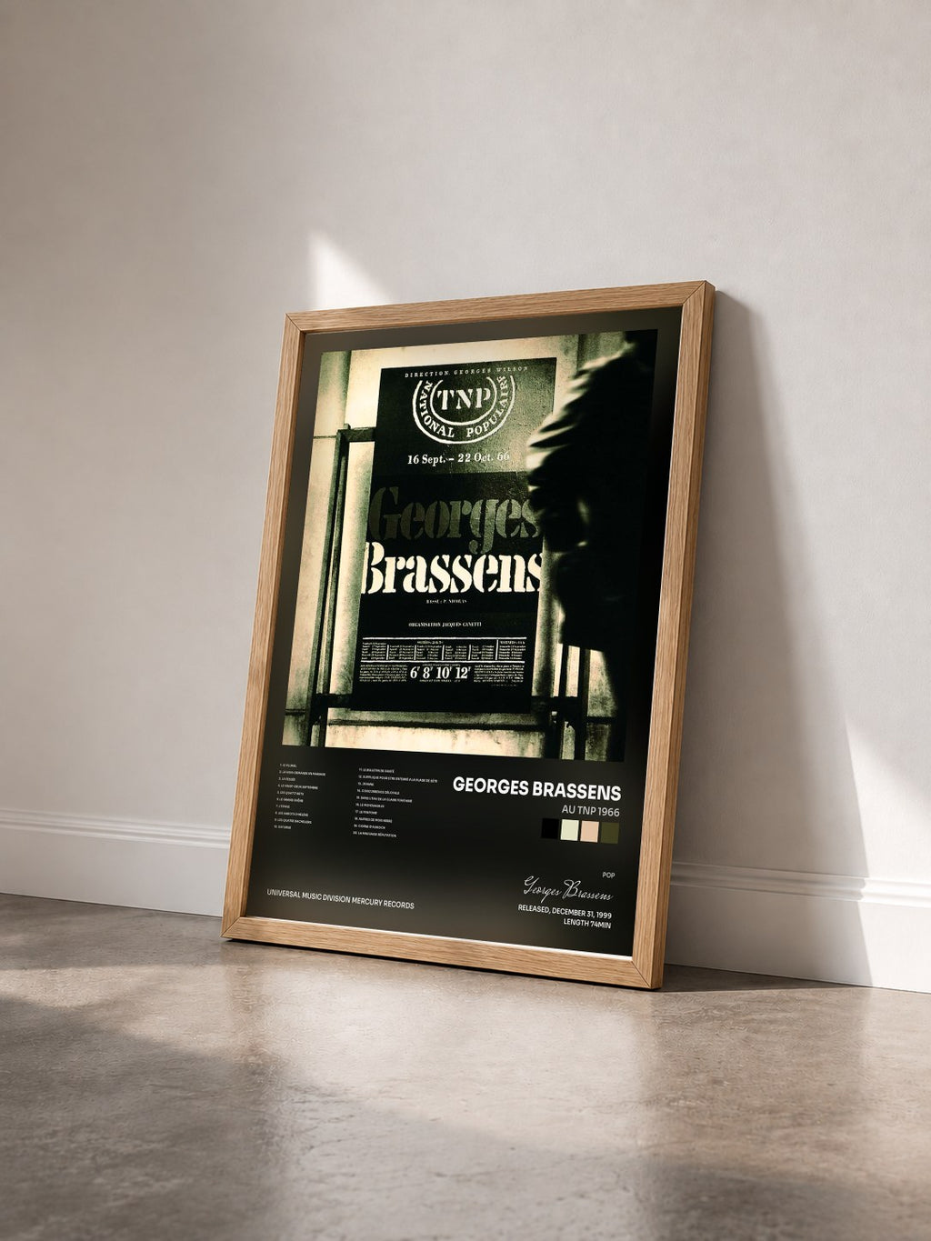 #bois Tableau de l'album Au Tnp 1966 de Georges Brassens vu de trois quarts, cadre en bois brut