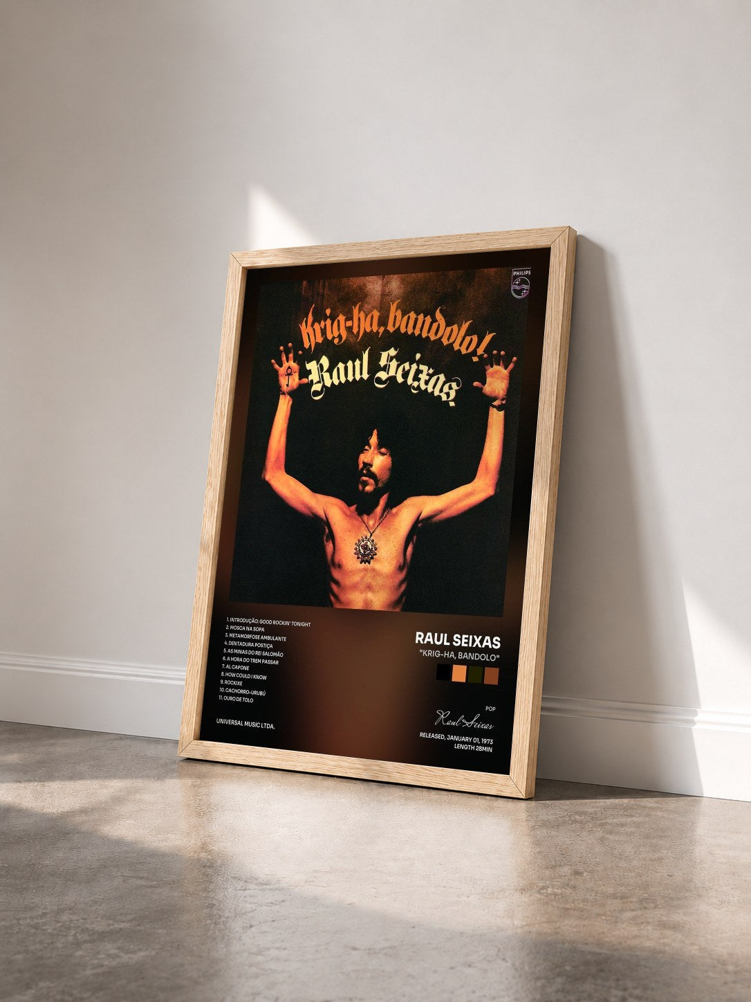 #bois Tableau de l'album "Krig-Ha, Bandolo" de Raul Seixas vu de trois quarts, cadre en bois brut