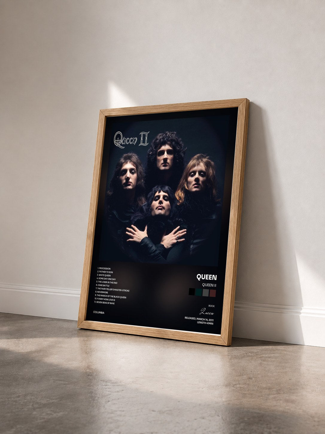 #bois Tableau de l'album Queen II de Queen vu de trois quarts, cadre en bois brut