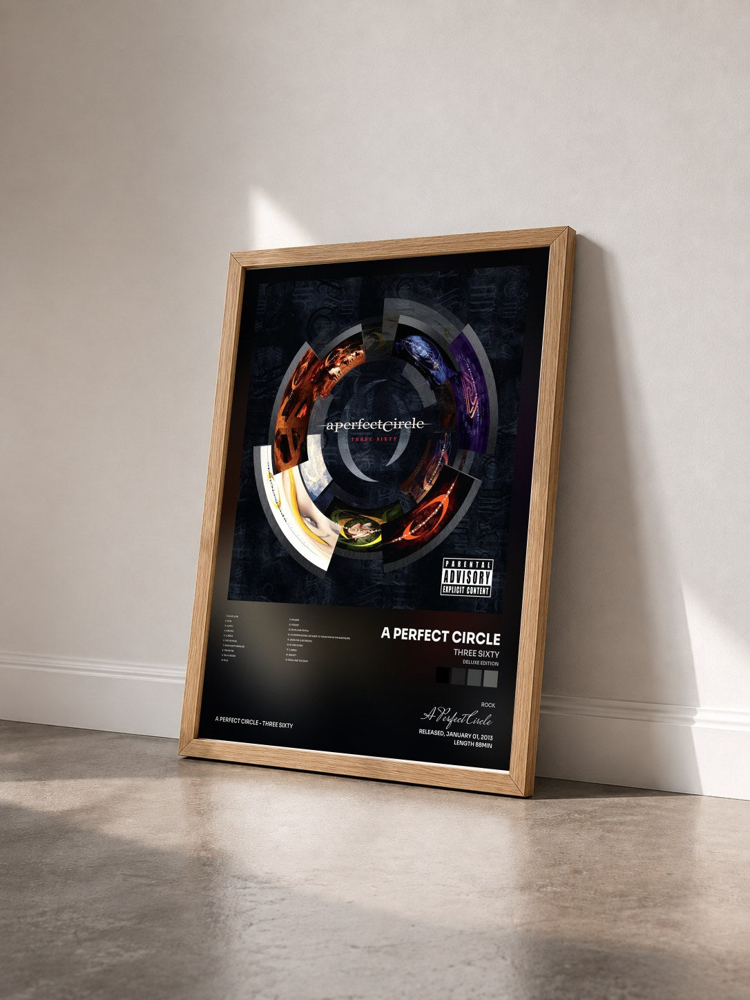 #bois Tableau de l'album Three Sixty (Deluxe Edition) de A Perfect Circle vu de trois quarts, cadre en bois brut