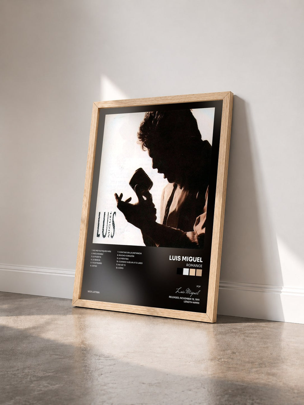 #bois Tableau de l'album Romance de Luis Miguel vu de trois quarts, cadre en bois brut