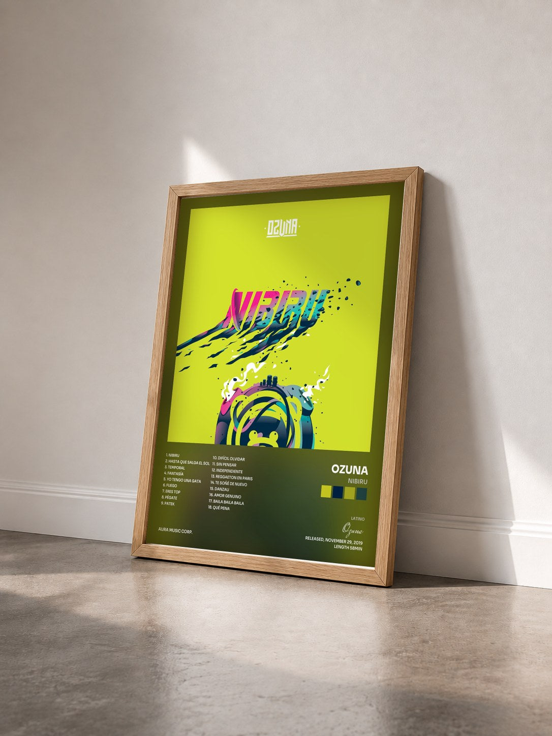 #bois Tableau de l'album Nibiru de Ozuna vu de trois quarts, cadre en bois brut