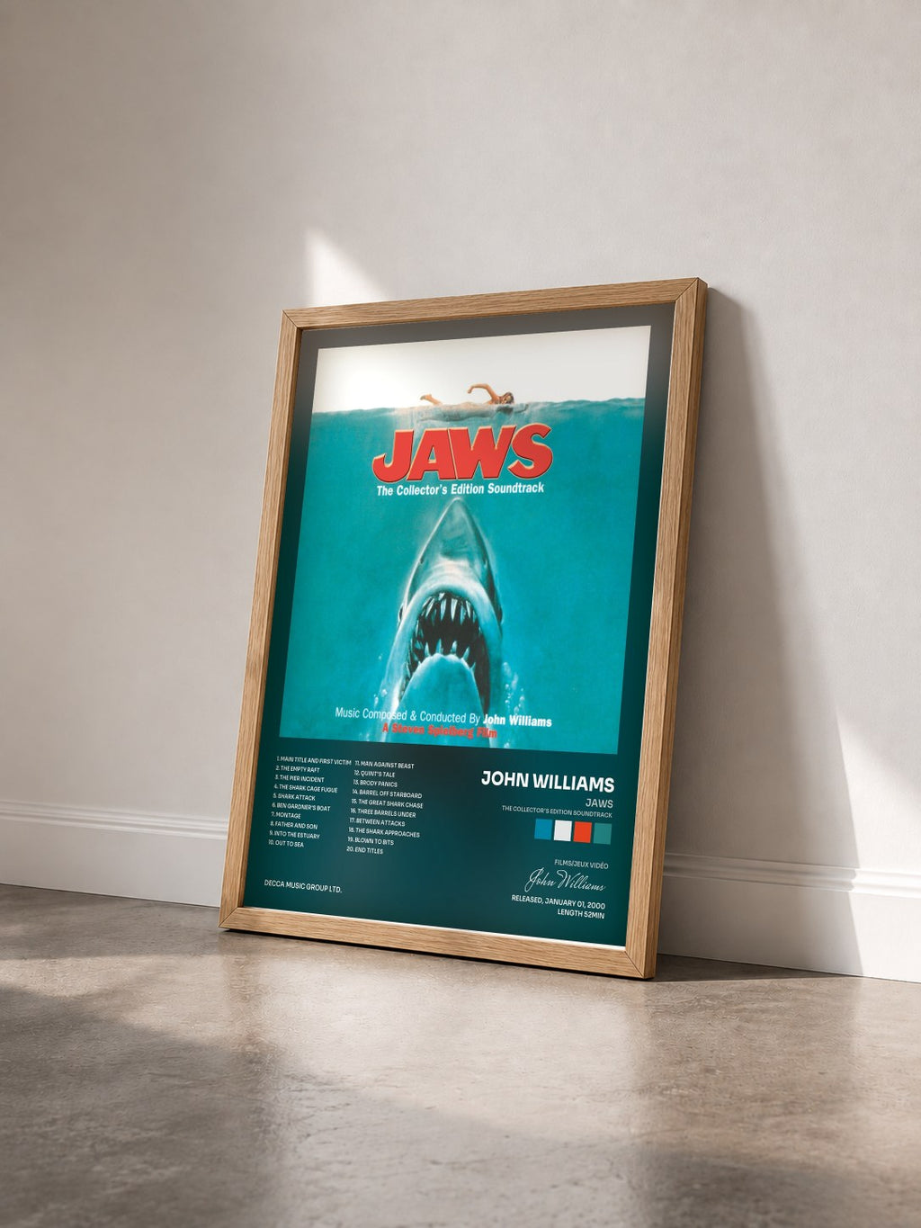 #bois Tableau de l'album Jaws (The Collector's Edition Soundtrack) de John Williams vu de trois quarts, cadre en bois brut