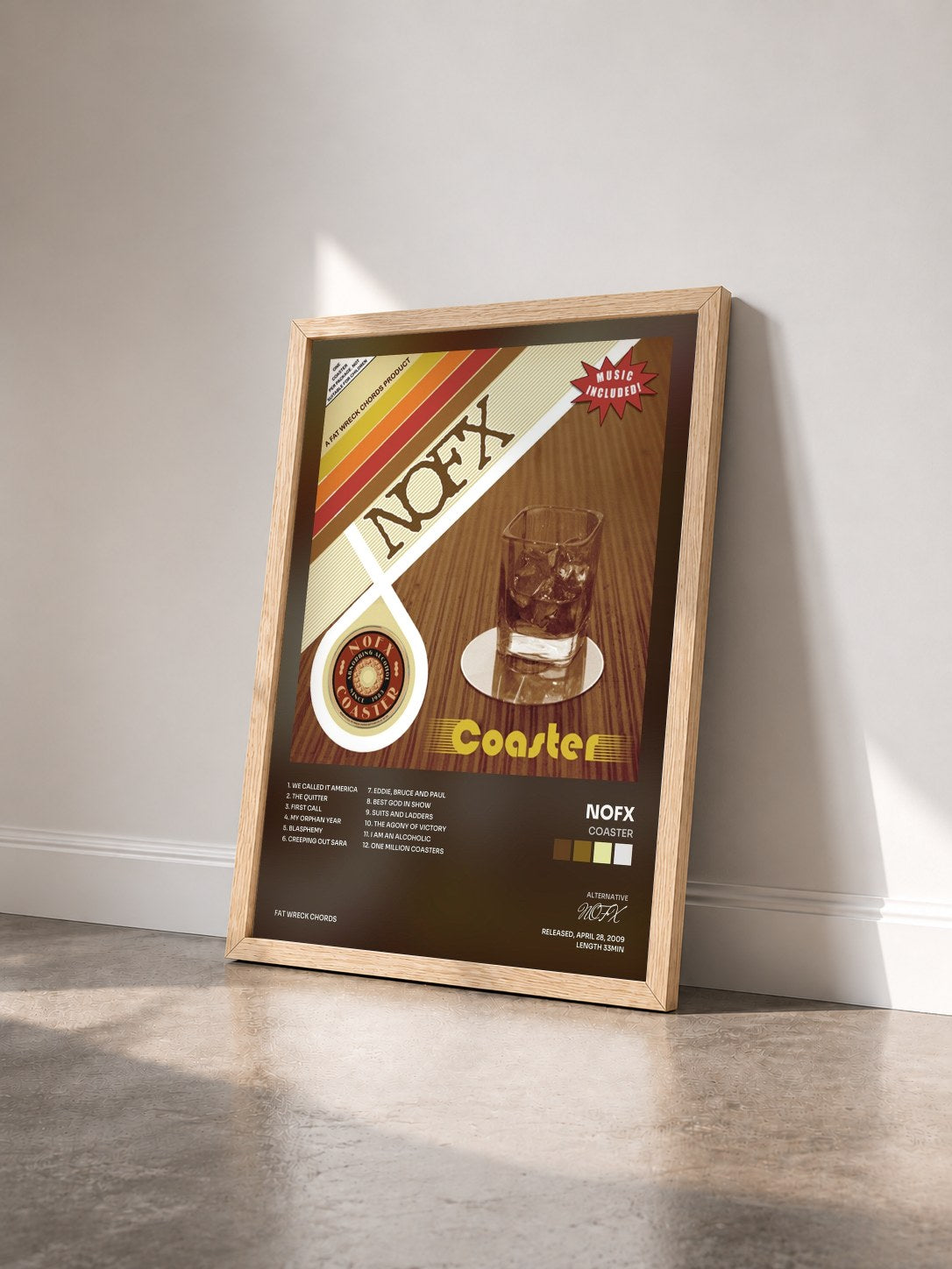 #bois Tableau de l'album Coaster de NOFX vu de trois quarts, cadre en bois brut