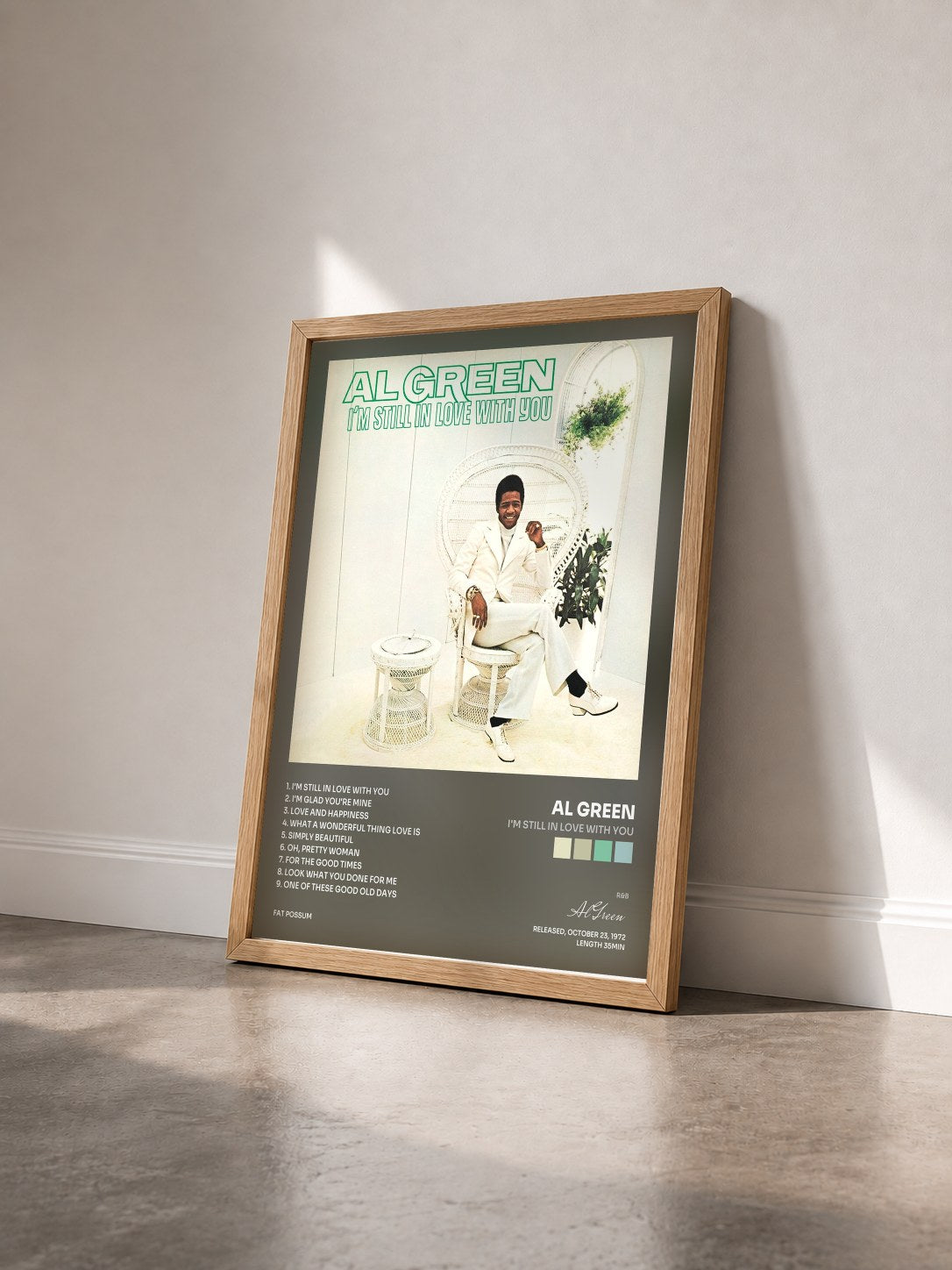 #bois Tableau de l'album I'm Still in Love with You de Al Green vu de trois quarts, cadre en bois brut
