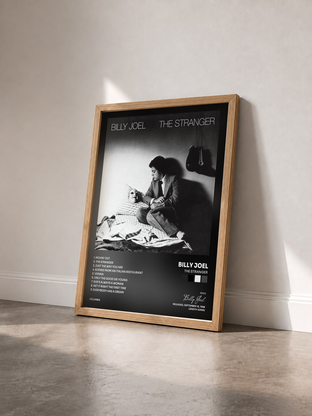 #bois Tableau de l'album The Stranger de Billy Joel vu de trois quarts, cadre en bois brut
