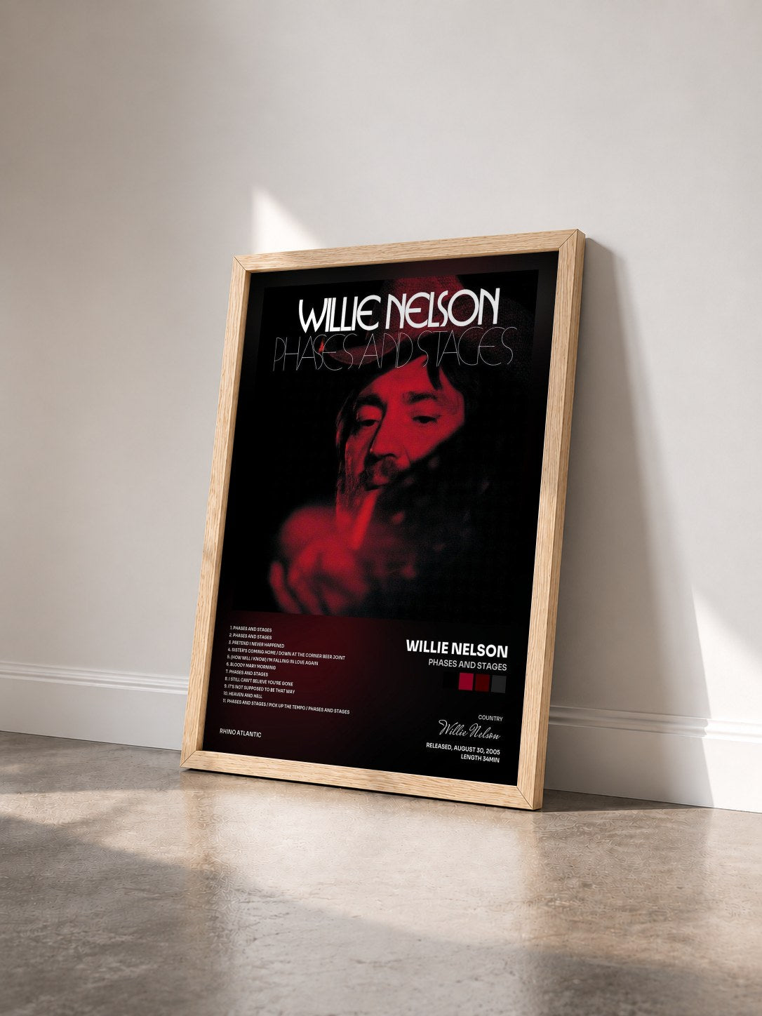 #bois Tableau de l'album Phases And Stages de Willie Nelson vu de trois quarts, cadre en bois brut
