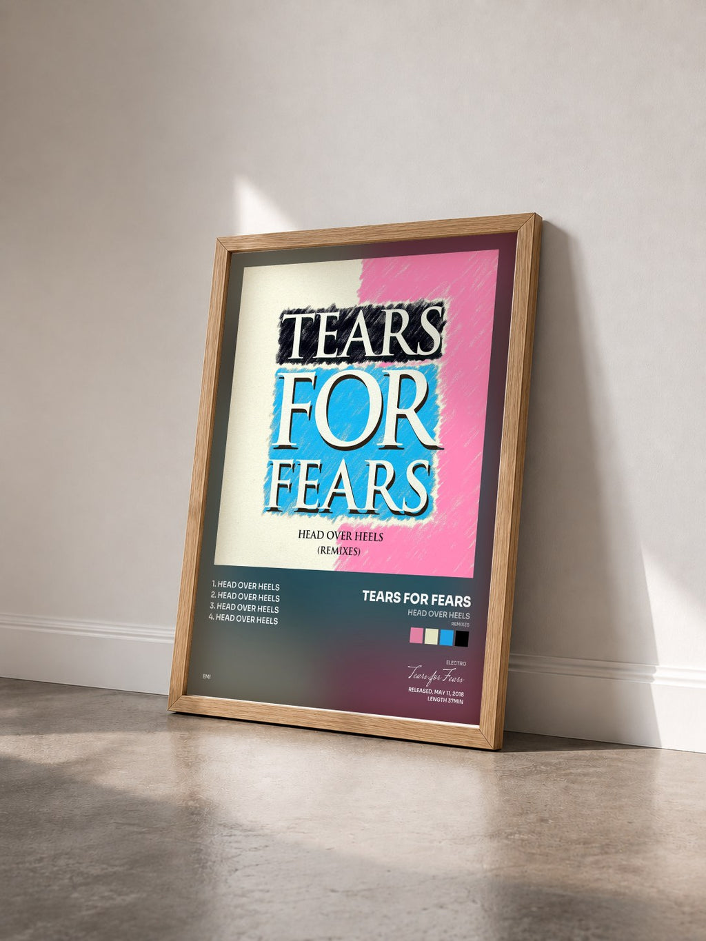 #bois Tableau de l'album Head Over Heels (Remixes) de Tears for Fears vu de trois quarts, cadre en bois brut