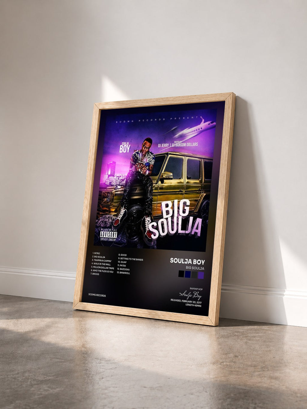#bois Tableau de l'album Big Soulja de Soulja Boy vu de trois quarts, cadre en bois brut