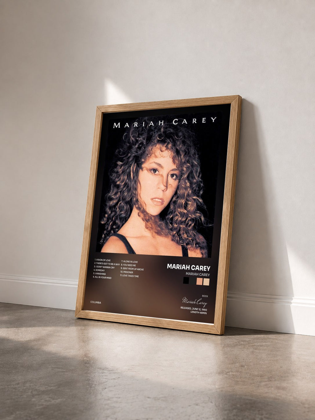 #bois Tableau de l'album Mariah Carey de Mariah Carey vu de trois quarts, cadre en bois brut
