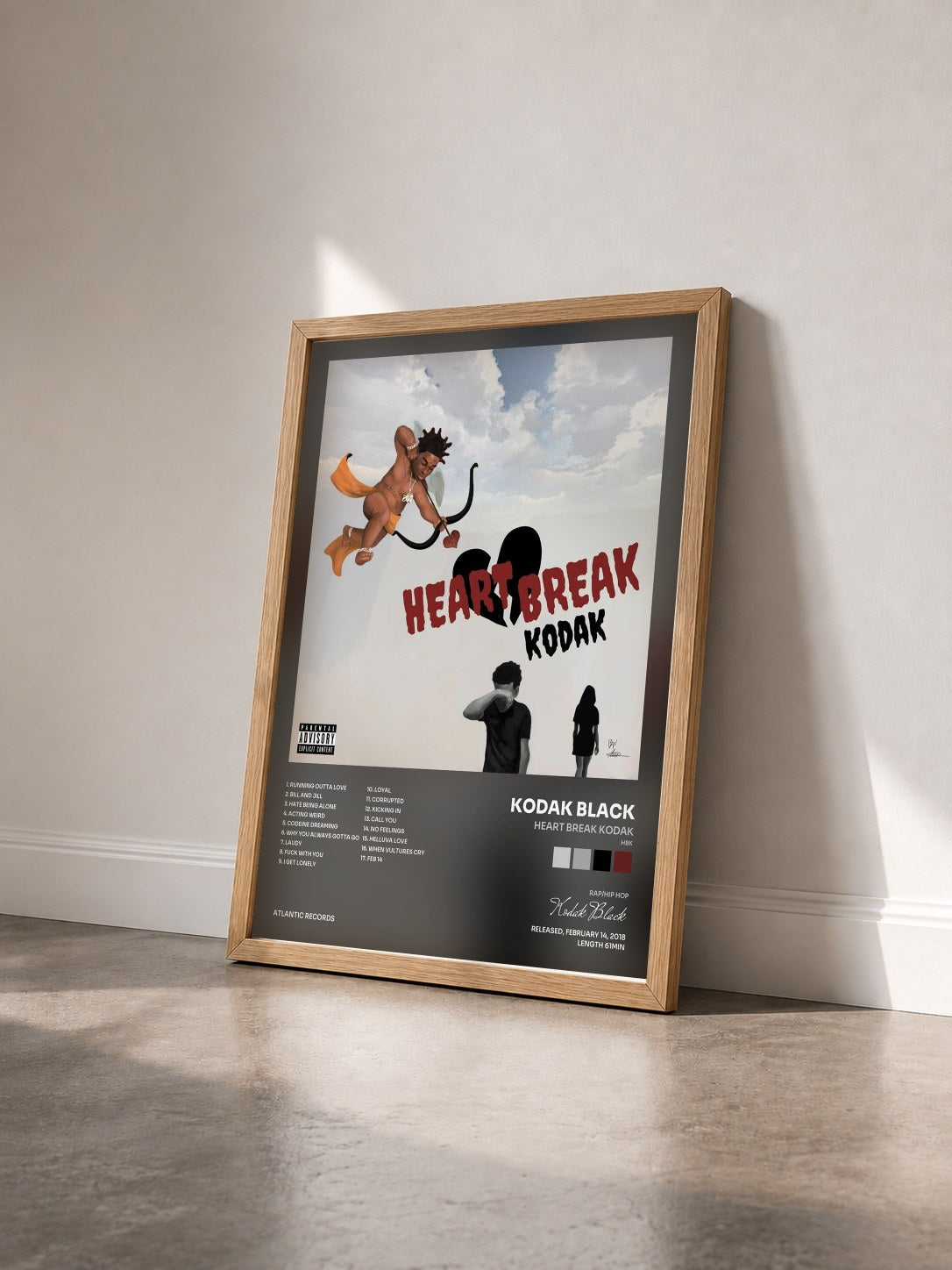 #bois Tableau de l'album Heart Break Kodak (HBK) de Kodak Black vu de trois quarts, cadre en bois brut