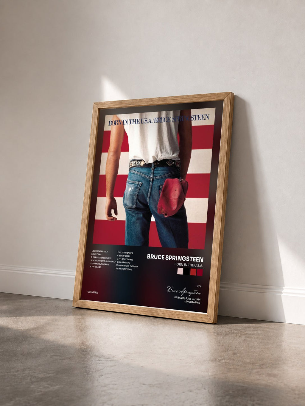 #bois Tableau de l'album Born In The U.S.A. de Bruce Springsteen vu de trois quarts, cadre en bois brut