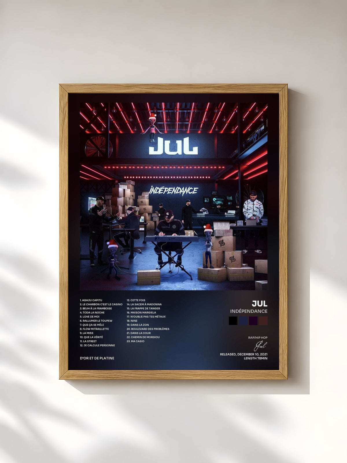 #bois Tableau de l'album Indépendance de Jul, cadre en bois brut, imprimé et encadré en France