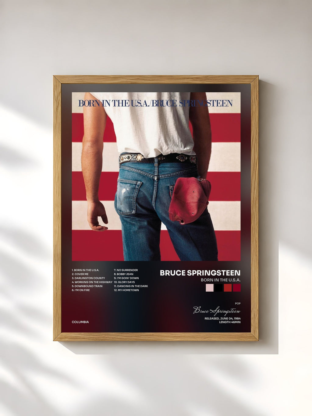 #bois Tableau de l'album Born In The U.S.A. de Bruce Springsteen, cadre en bois brut, imprimé et encadré en France