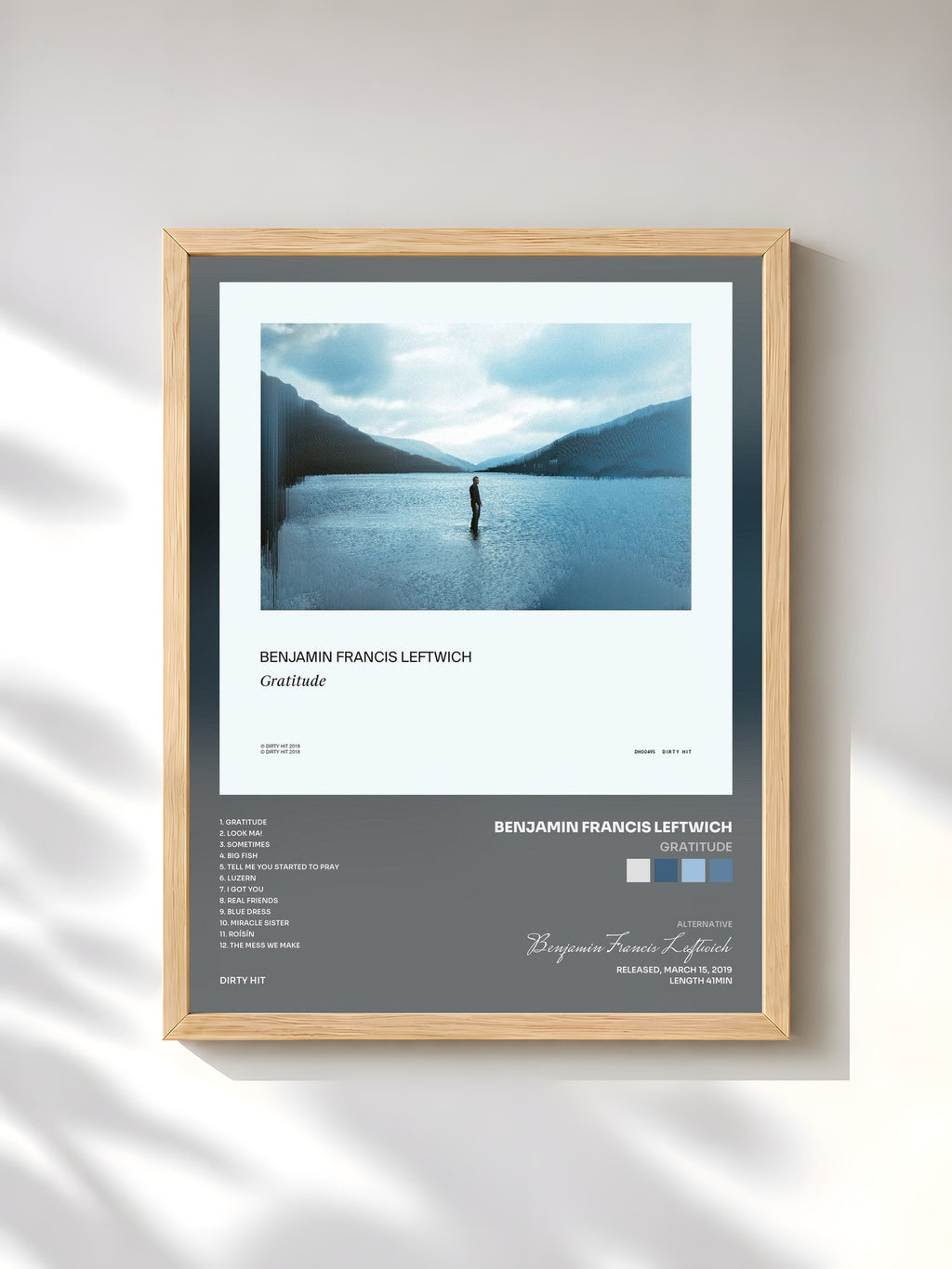 #bois Tableau de l'album Gratitude de Benjamin Francis Leftwich, cadre en bois brut, imprimé et encadré en France