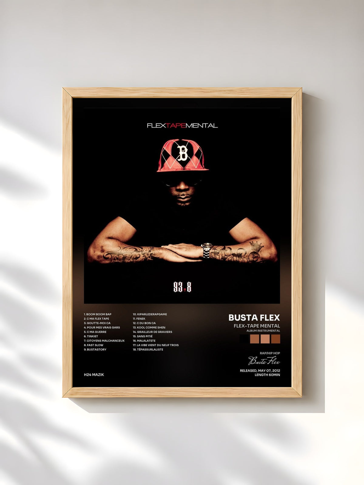 #bois Tableau de l'album Flex-Tape Mental (Album instrumental) de Busta Flex, cadre en bois brut, imprimé et encadré en France