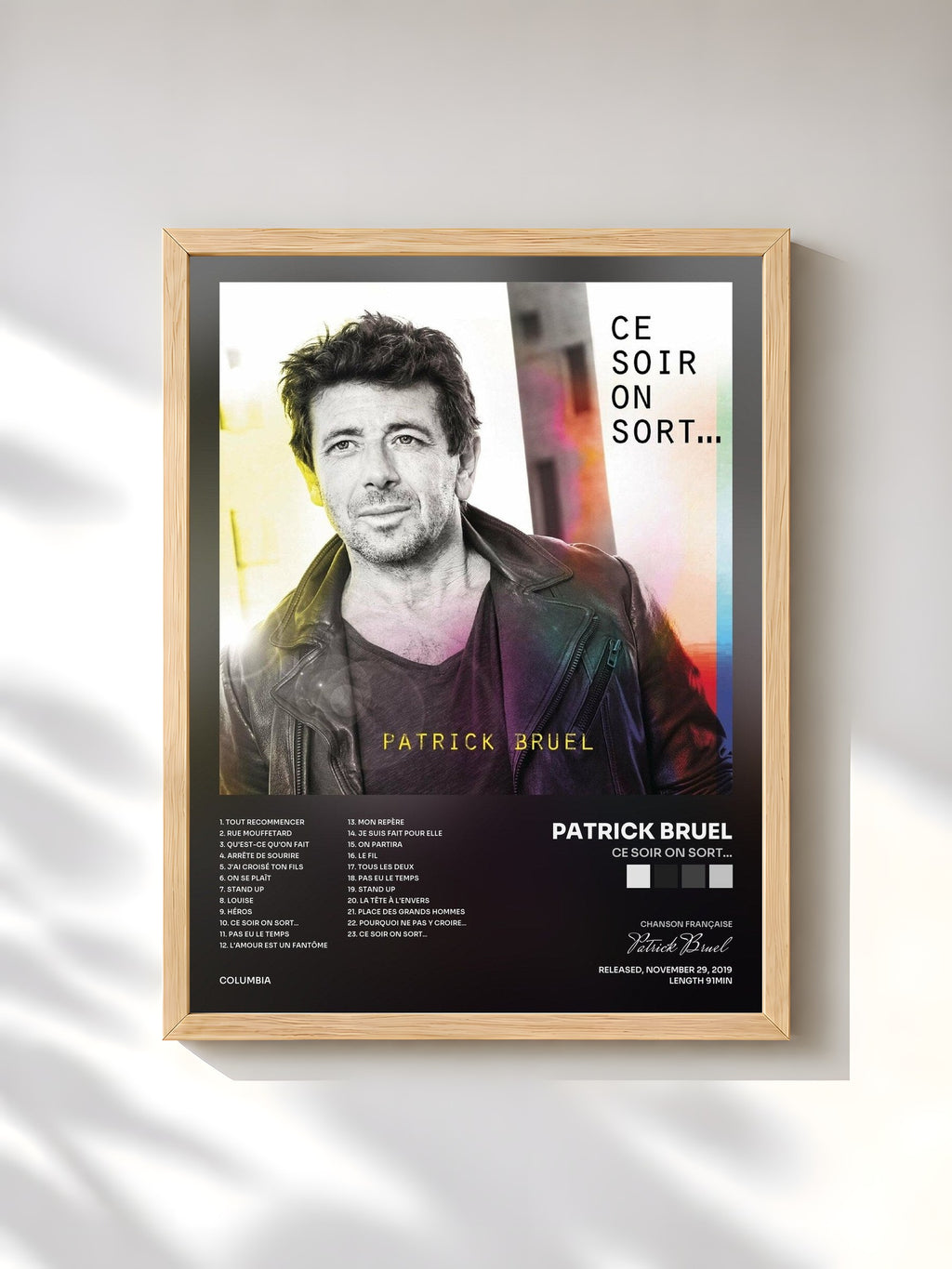 #bois Tableau de l'album Ce soir on sort... de Patrick Bruel, cadre en bois brut, imprimé et encadré en France