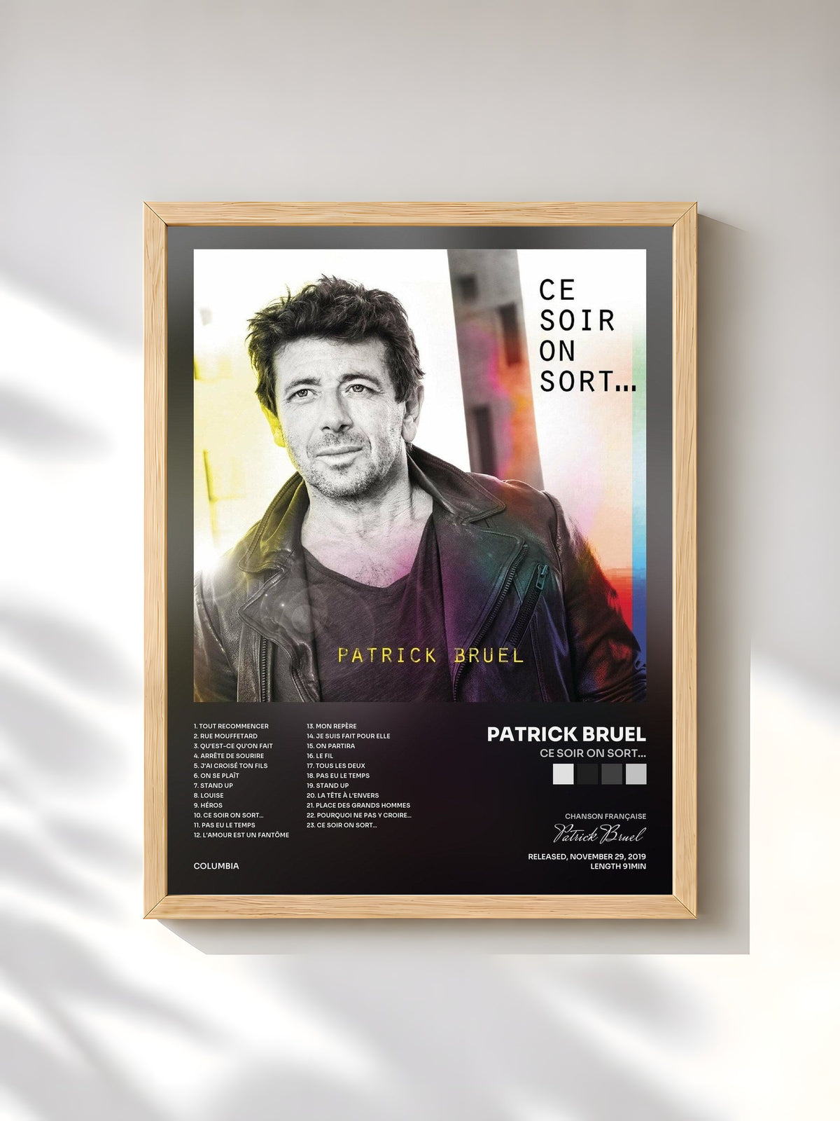 #bois Tableau de l'album Ce soir on sort... de Patrick Bruel, cadre en bois brut, imprimé et encadré en France