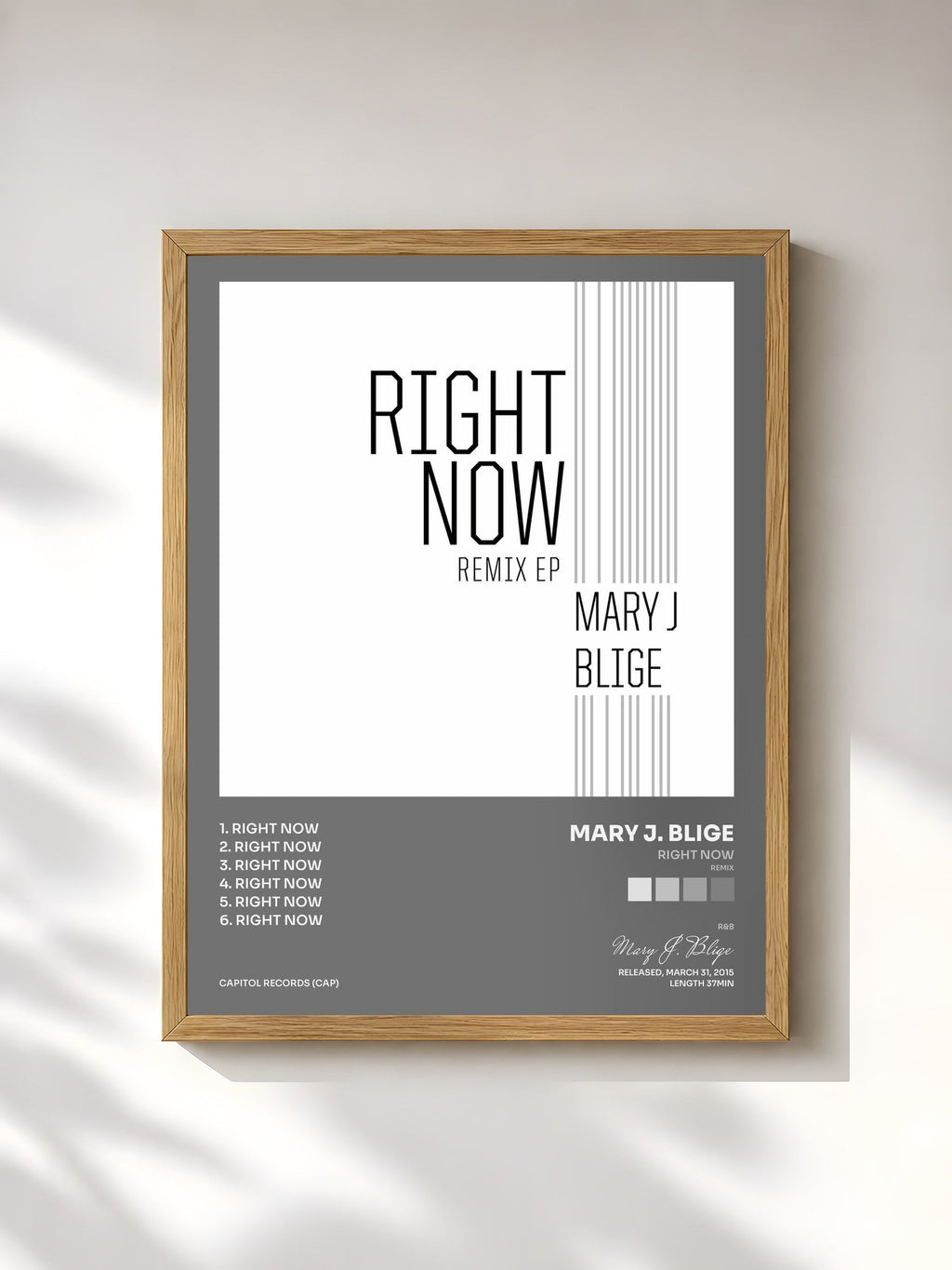 #bois Tableau de l'album Right Now (Remix) de Mary J. Blige, cadre en bois brut, imprimé et encadré en France