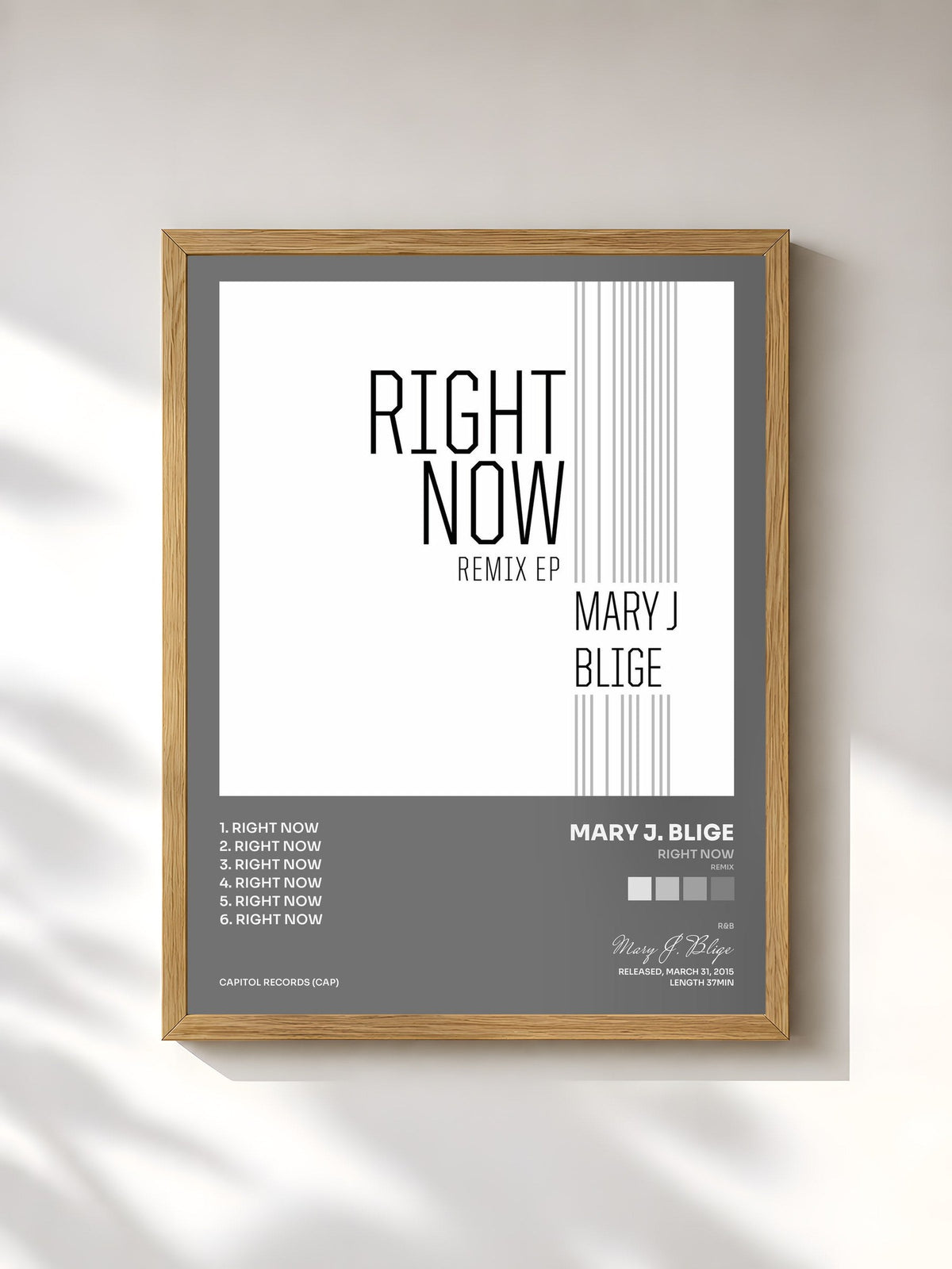 #bois Tableau de l'album Right Now (Remix) de Mary J. Blige, cadre en bois brut, imprimé et encadré en France