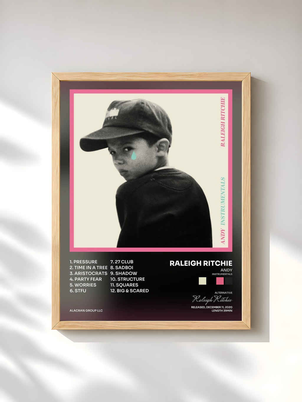 #bois Tableau de l'album Andy (Instrumentals) de Raleigh Ritchie, cadre en bois brut, imprimé et encadré en France