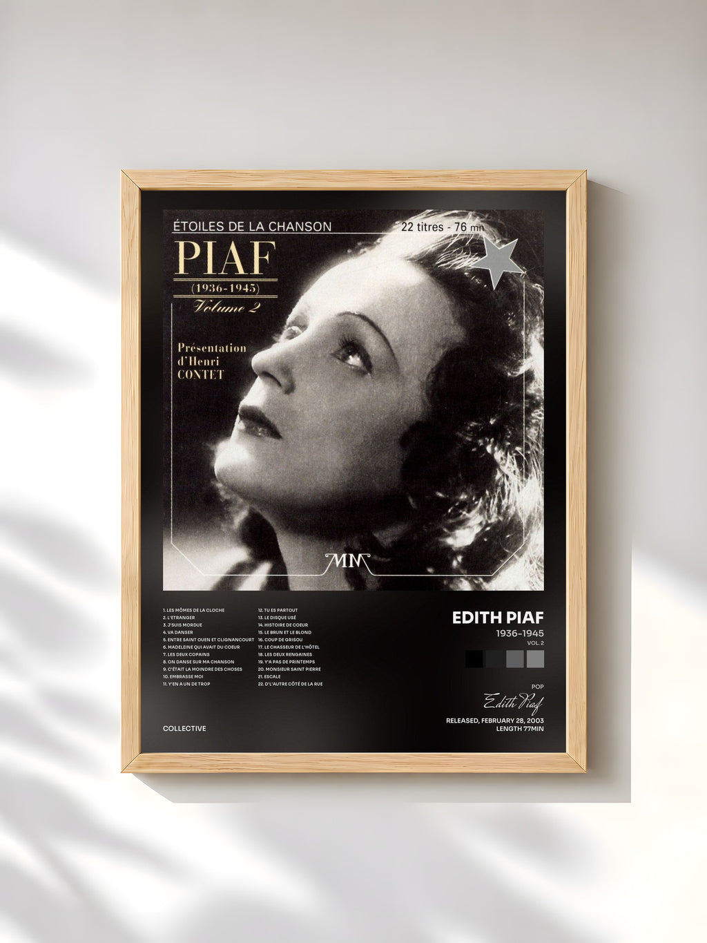 #bois Tableau de l'album 1936-1945 (Vol. 2) de Edith Piaf, cadre en bois brut, imprimé et encadré en France