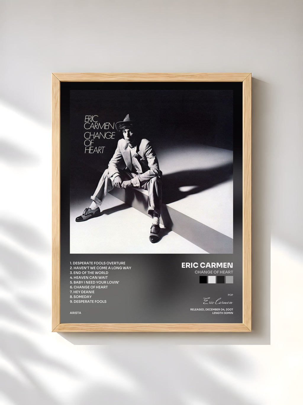 #bois Tableau de l'album Change Of Heart de Eric Carmen, cadre en bois brut, imprimé et encadré en France