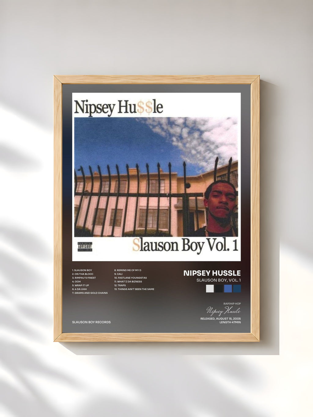 #bois Tableau de l'album Slauson Boy, Vol. 1 de Nipsey Hussle, cadre en bois brut, imprimé et encadré en France
